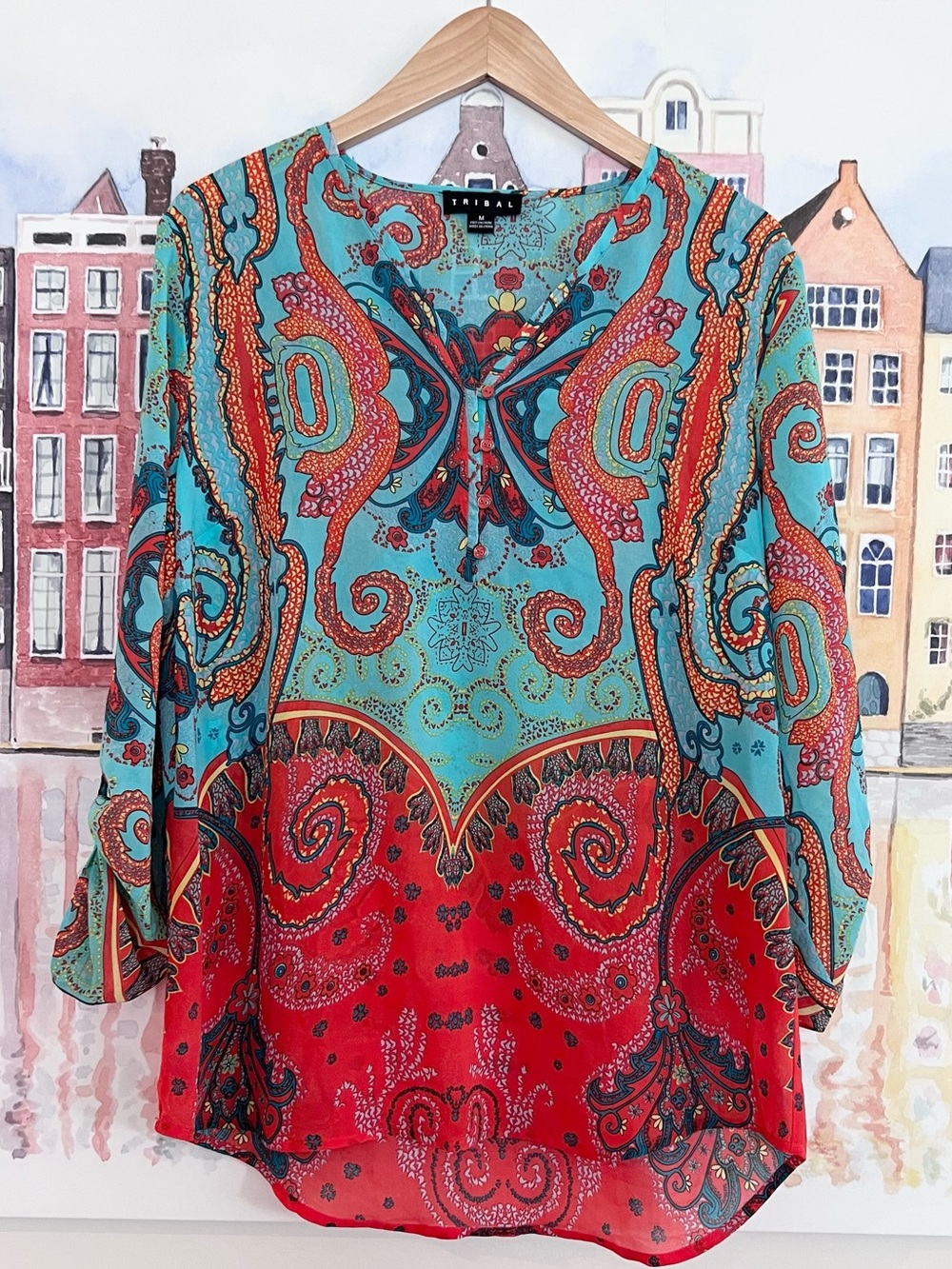 Tribal 3/4 Sleeve Lightweight V-Neck Boho High Low Tunic Size Medium